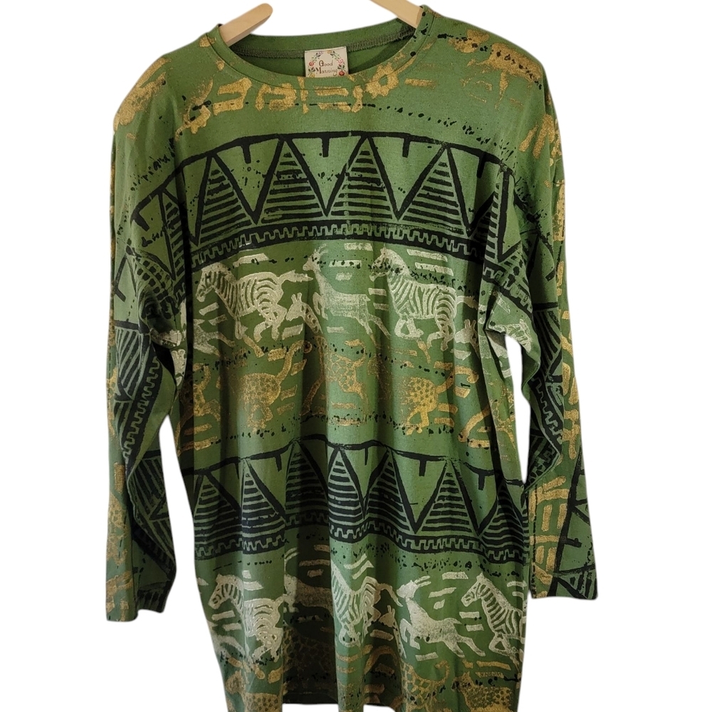 VTG American Green All Over Safari Print Long Sleeve Tunic Top 1X Western Horses